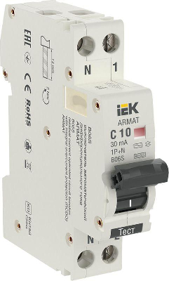 Выключатель автоматический дифференциального тока 2п C 10А 30мА тип AC АВДТ B06S 18мм ARMAT IEK AR-B06S-1N-C10C030