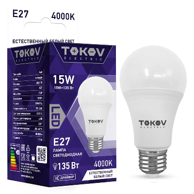 Лампа светодиодная 15Вт А60 4000К Е27 176-264В TOKOV ELECTRIC TKE-A60-E27-15-4K