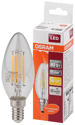 Лампа светодиодная филаментная LED STAR CLASSIC B 40 4W/827 4Вт свеча 2700К тепл. бел. E14 470лм 220-240В прозр. стекл. OSRAM 4058075068353